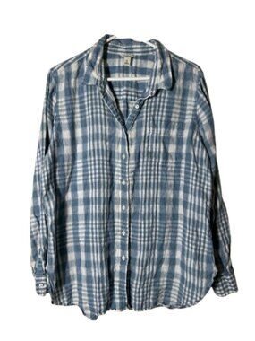 LL Bean blue white plaid 100% linen button up shirt womens XL